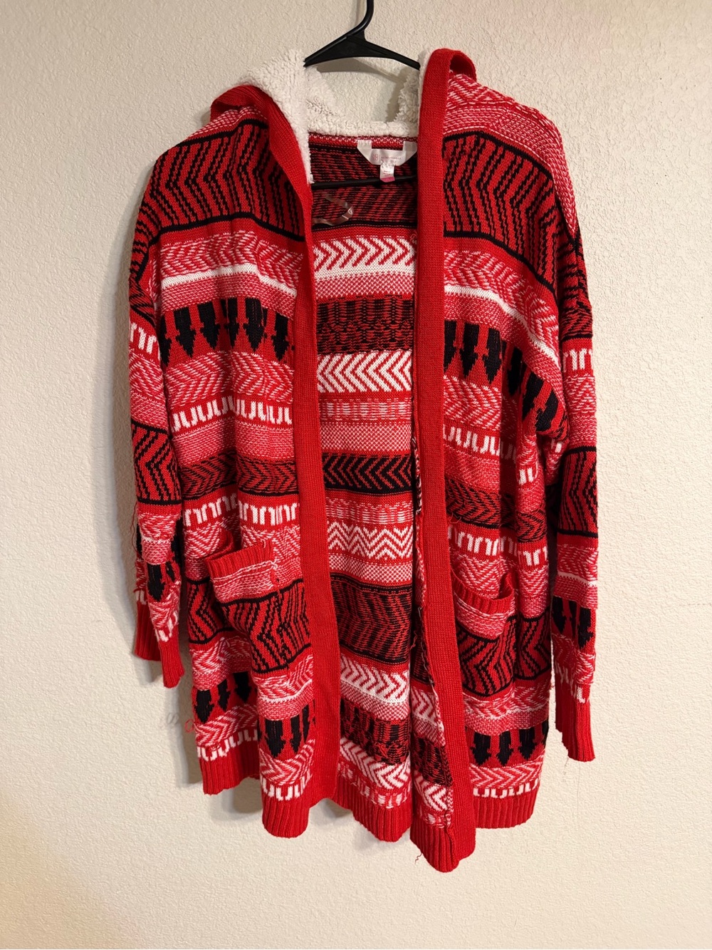 No Boundaries Red Black White Hooded Patterned Cardigan